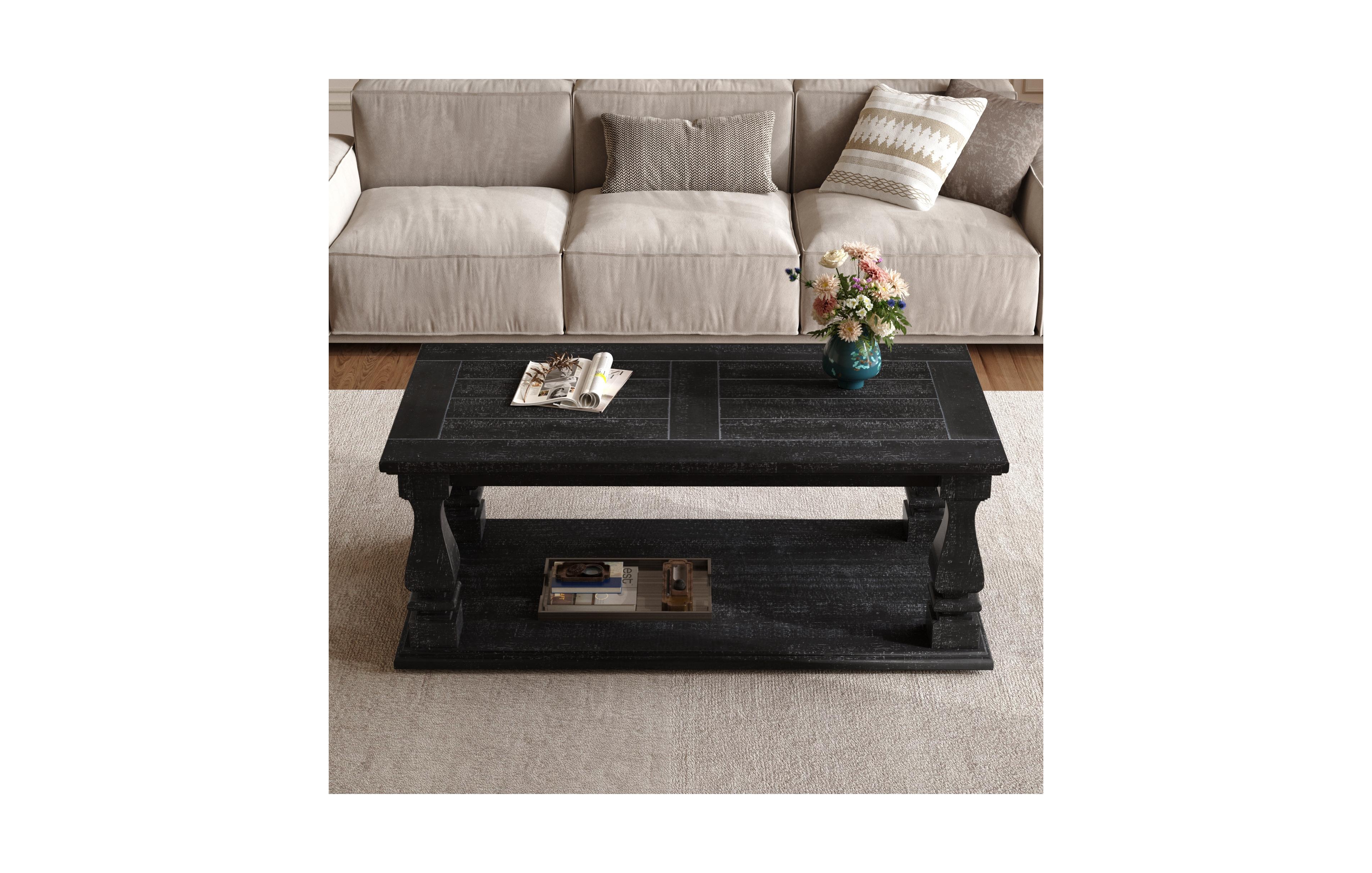 Clihome Weathered Farmhouse Coffee Table, Plank Top Coffee Table with Storage Shelf for Living Room