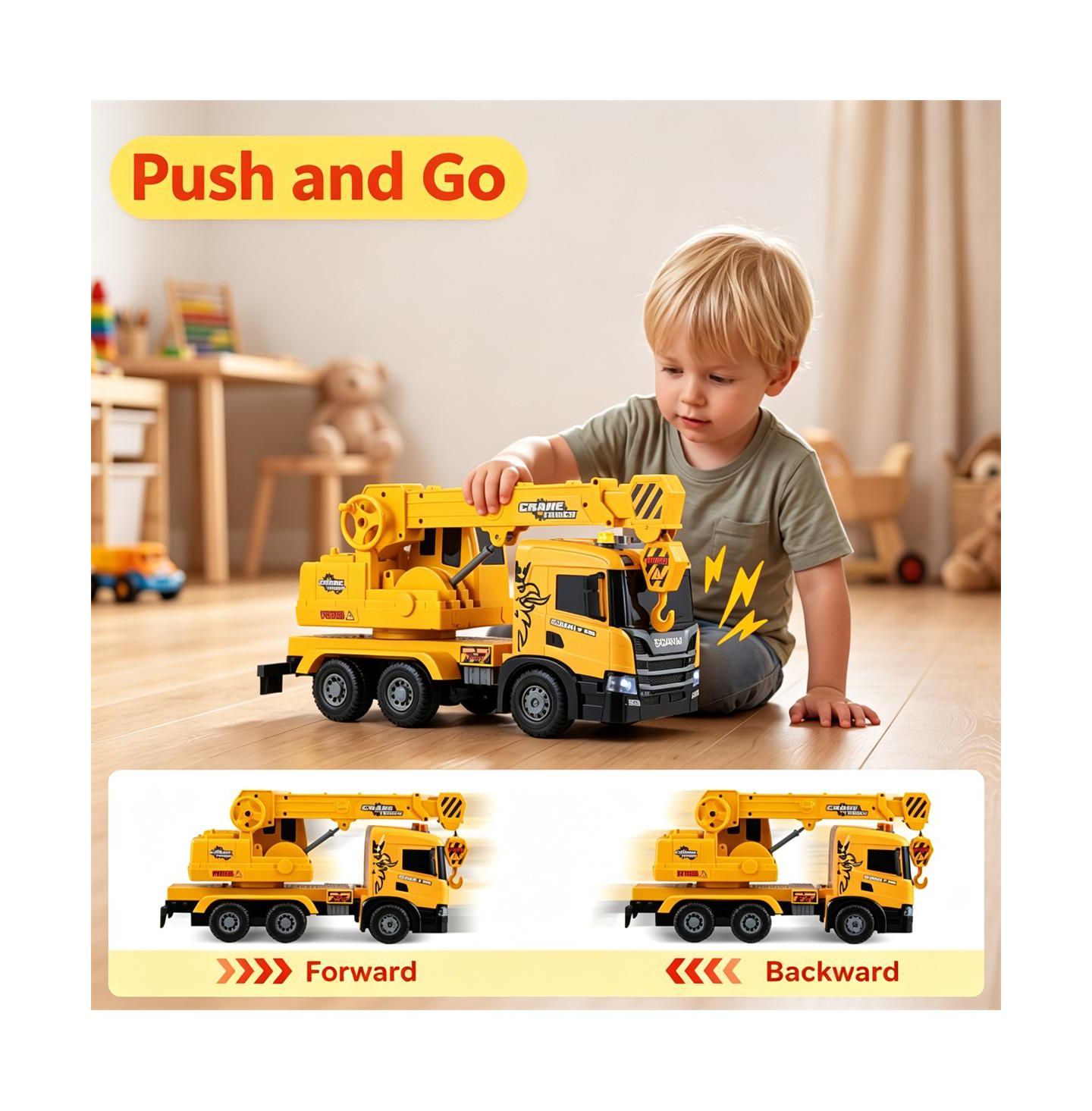 Детская игрушка SEVORLEY Scania Friction-Drive Moveable Hook Water-Spray Crane Truck Toy, цвет: Жёлтый — фото 6
