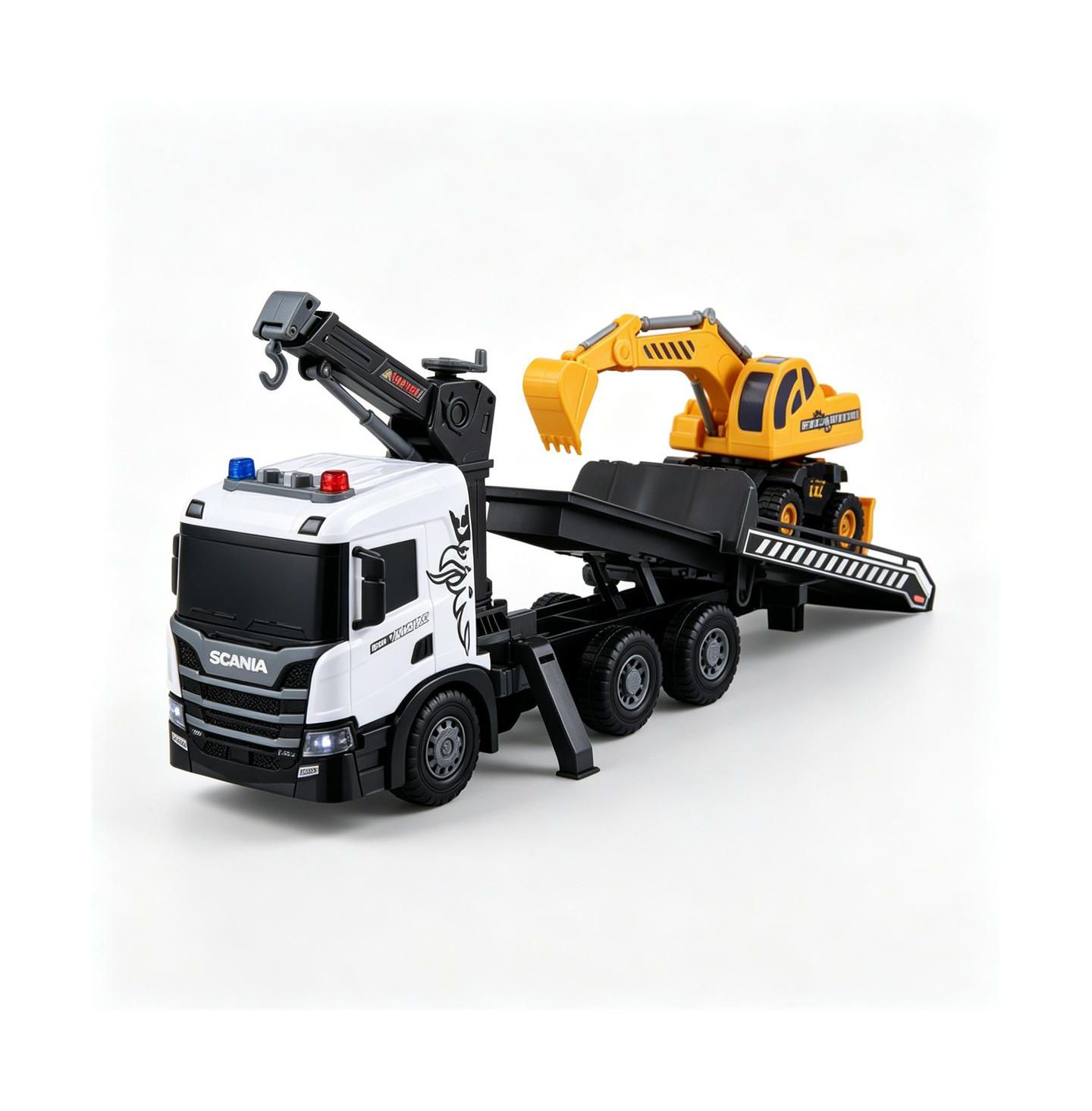 Детские игрушки SEVORLEY Scania Licensed Friction Drive Construction Vehicle Toy Set with Tow Truck and Excavator, 2-Piece Set, цвет: Белый чёрный — фото 2