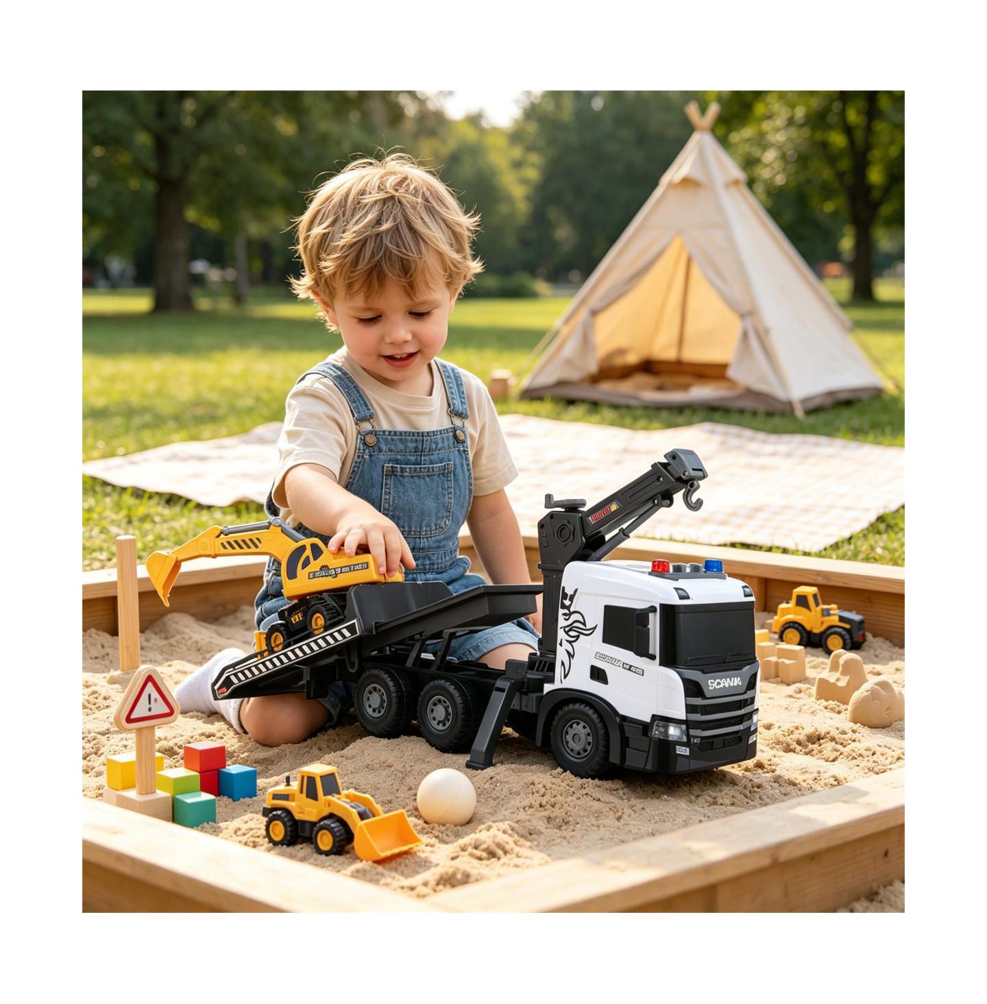 Детские игрушки SEVORLEY Scania Licensed Friction Drive Construction Vehicle Toy Set with Tow Truck and Excavator, 2-Piece Set, цвет: Белый чёрный — фото 5
