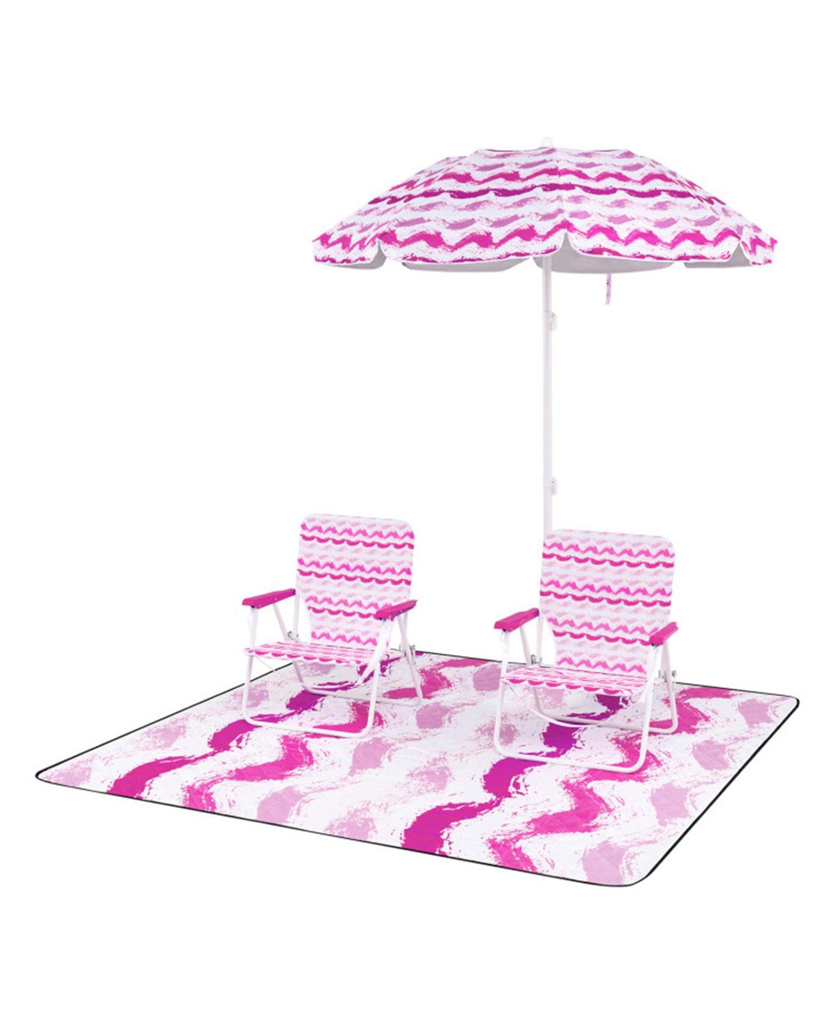 Sevorley 4-Piece Beach Set with 6.2ft Sun-Proof Umbrella, 2 Folding Chairs and 80"x80" Waterproof Blanket-Pink