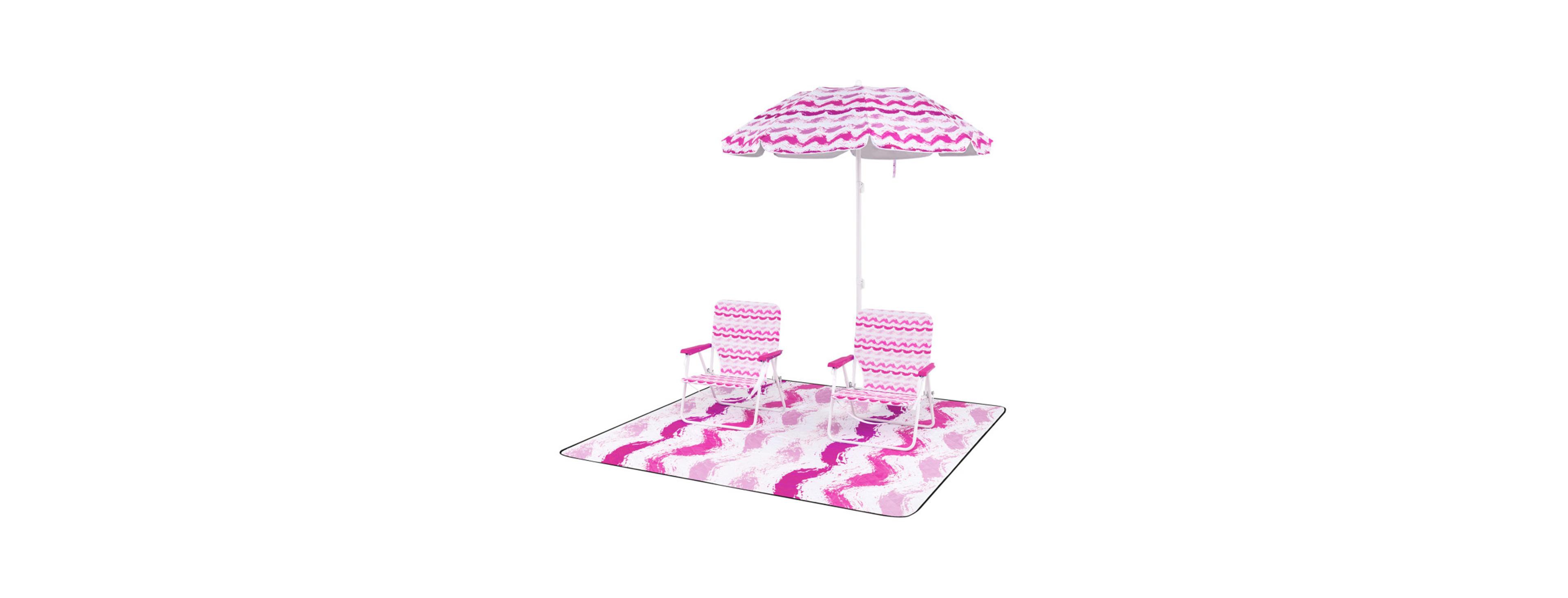 Sevorley 4-Piece Beach Set with 6.2ft Sun-Proof Umbrella, 2 Folding Chairs and 80"x80" Waterproof Blanket-Pink
