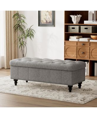 Modern 47.2-Linen Tufted Flip Top Storage Bench with Wood Tray Tabletop Nailhead Trim and Turned Legs for Bedroom Living Room Entryway