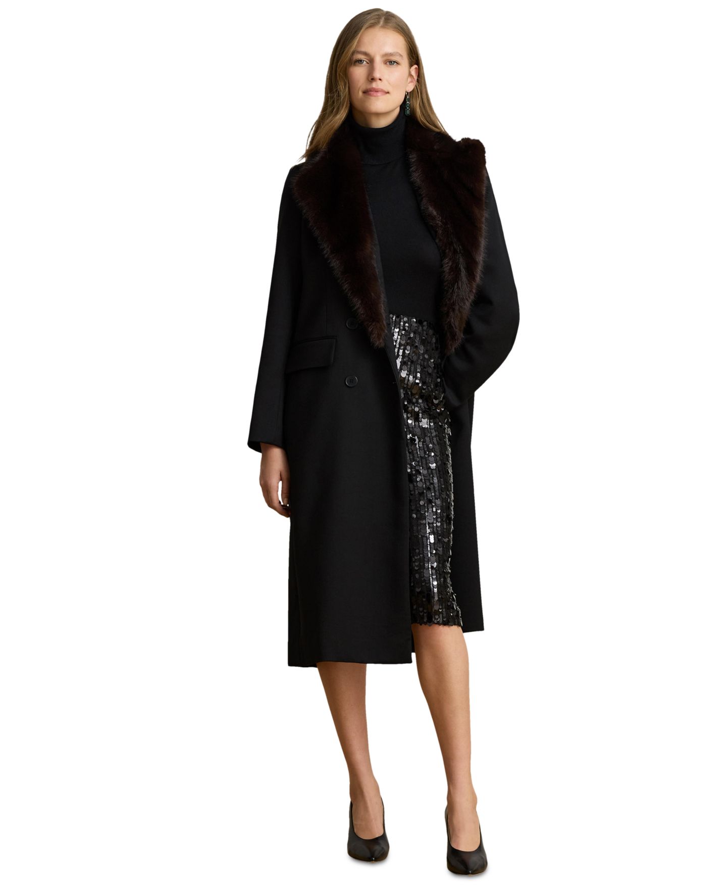 Женское пальто Lauren Ralph Lauren Petite Double-Breasted Faux-Fur Trim Crepe, цвет: Чёрный — фото 1