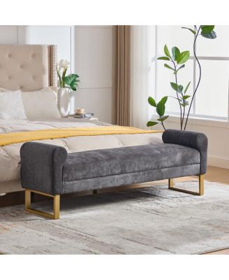 Upholstered Ottoman Bench with Arms, End of Bed Chenille Bench for King Bed, Metal Legs