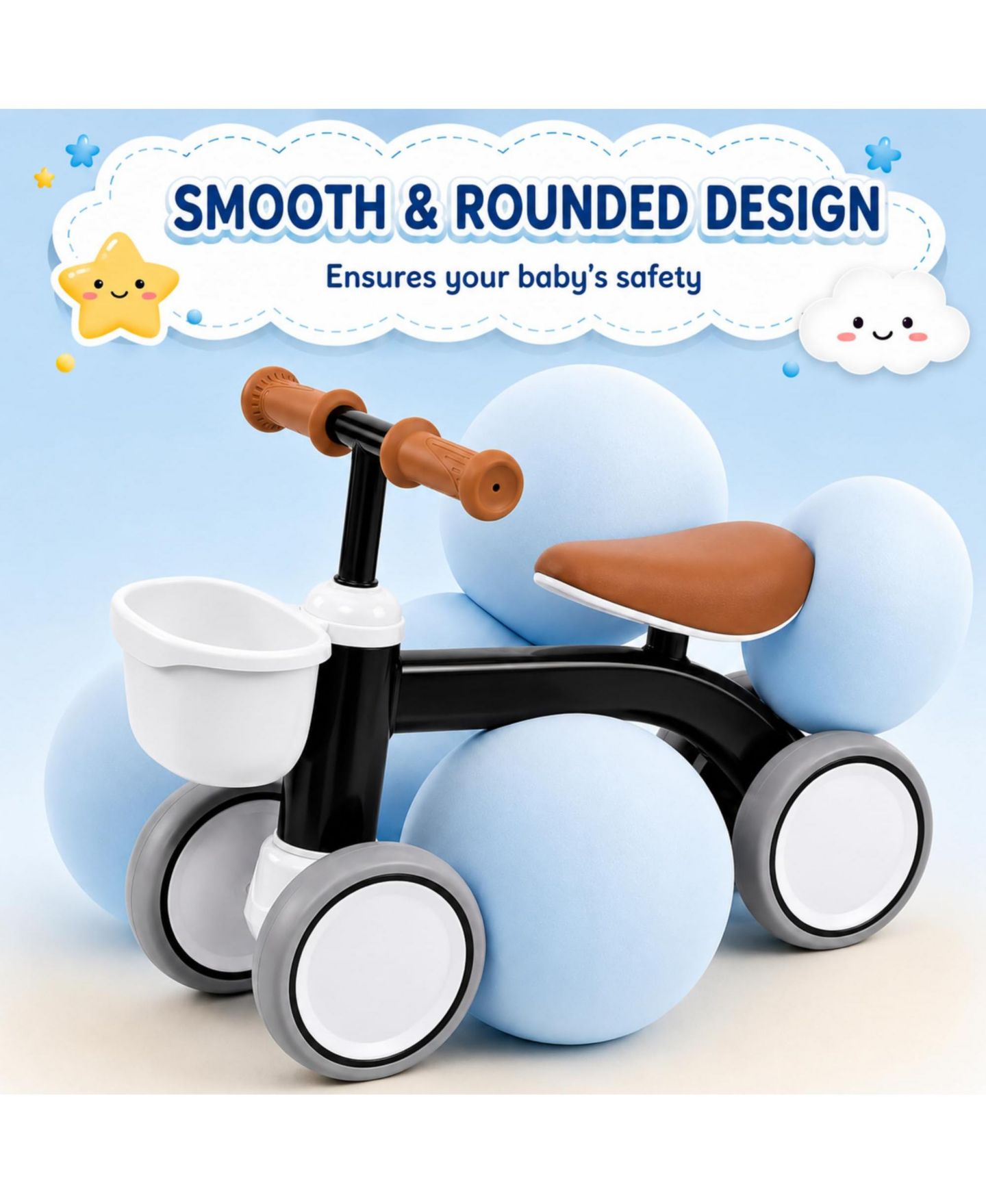 Детская игрушка homfan Pedal-Free Balance Bike with Adjustable Seat and Front Basket, Ages 1-2 Years, цвет: Чёрный — фото 7