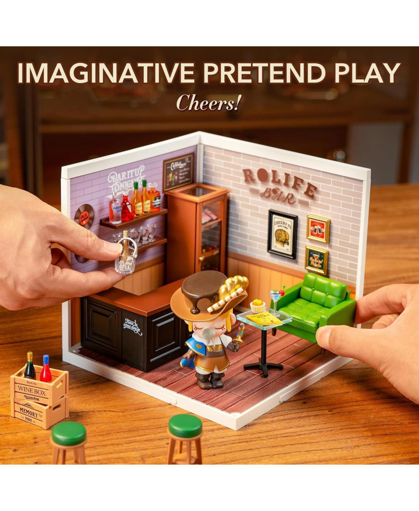 Детский конструктор Robotime Miniature Bar Scene Leisurely Cheers Bar 142-Piece LED Building Set, Ages 8+ — фото 5