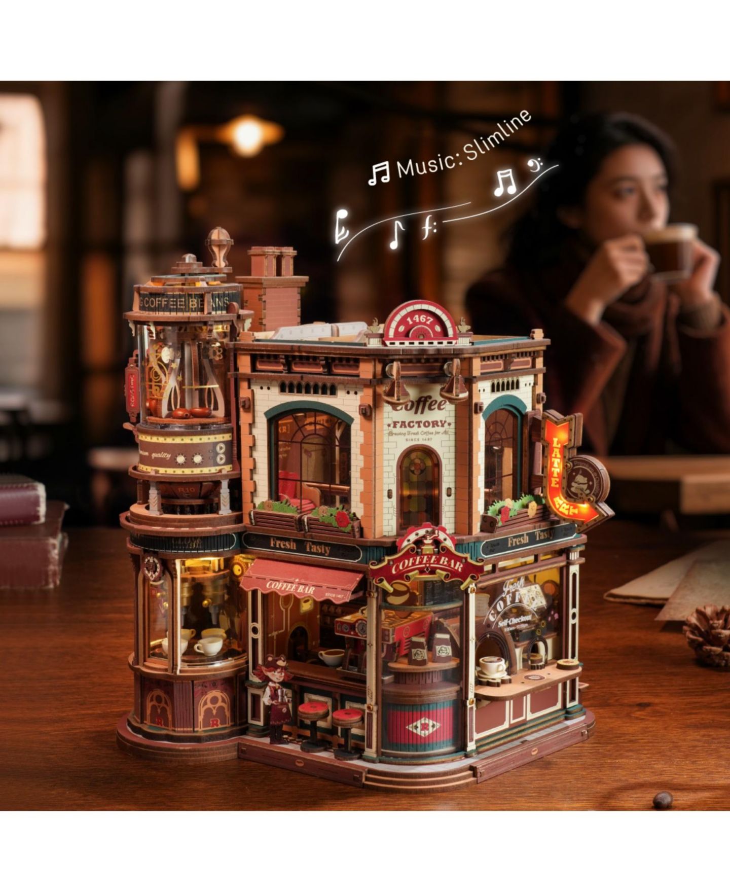 Детский конструктор Robotime Dream Coffee Factory 593-Piece Mechanical Building Set with Music Box and LED Lights, Ages 14+ — фото 3