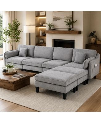 Modular Sectional Sofa with 2 Footstools, Modern Minimalist Chenille Sofa for Living Room, Apartment and Family Room