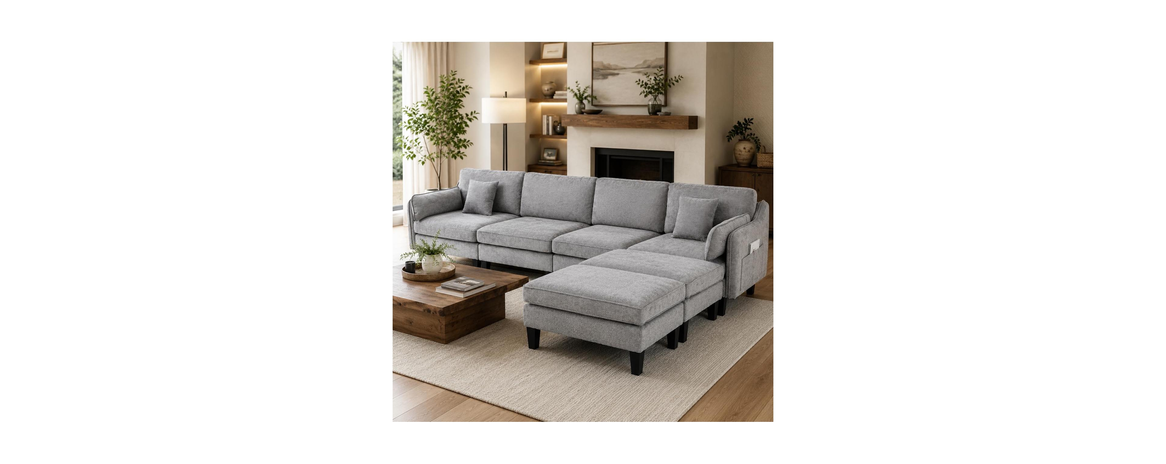 homfan Modular Sectional Sofa with 2 Footstools, Modern Minimalist Chenille for Living Room, Apartment and Family Room