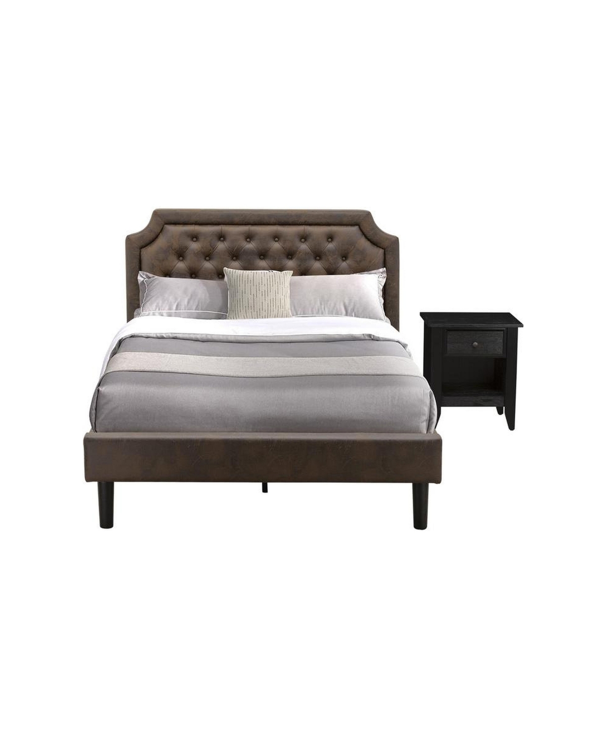 GB25F-1GA06 Platform Bed Set with A Full Bed & A Wire Brushed Black Night Stand, Black Textured - Dark Brown Faux Leather & Black Legs - 2 Piece