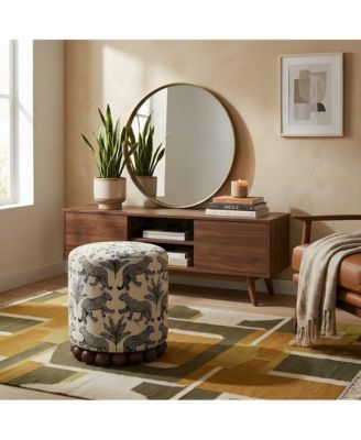 Leopard Jacquard-Upholstered Ottoman Footstool with Rubberwood Legs