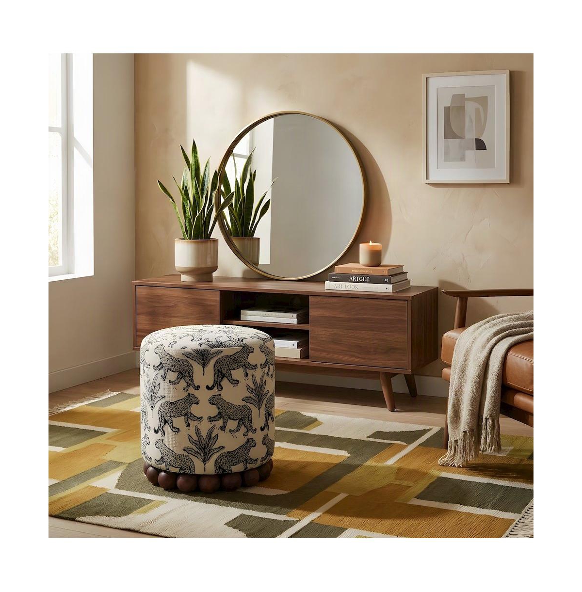 Starlight Canyon Home Leopard Jacquard-Upholstered Ottoman Footstool with Rubberwood Legs