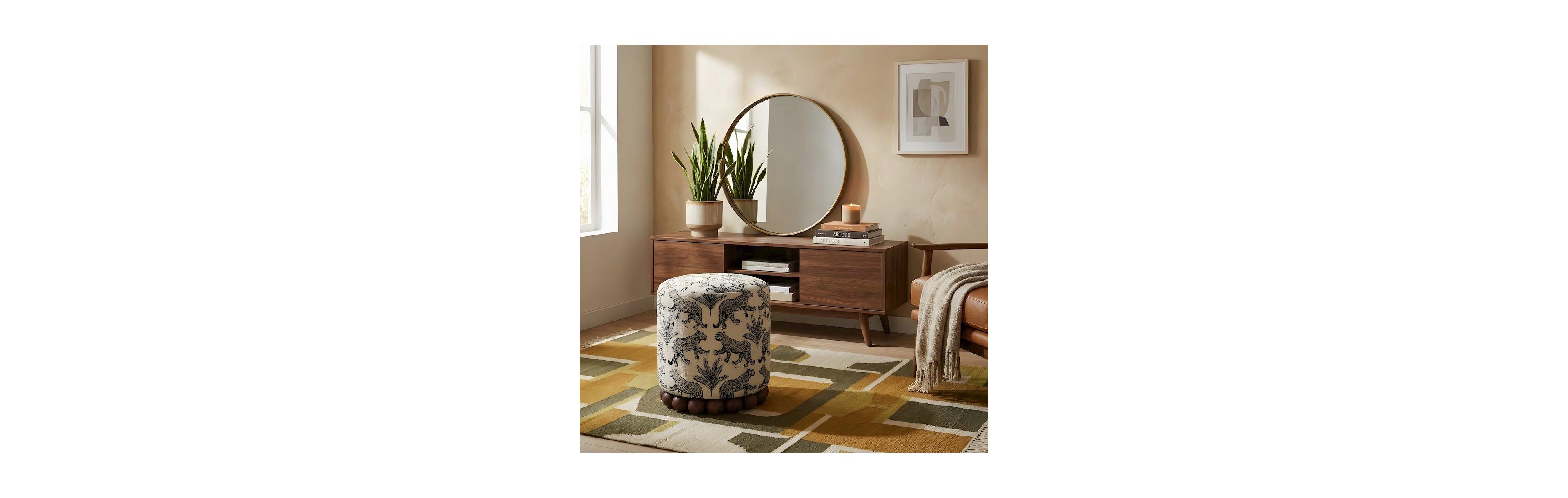 Starlight Canyon Home Leopard Jacquard-Upholstered Ottoman Footstool with Rubberwood Legs