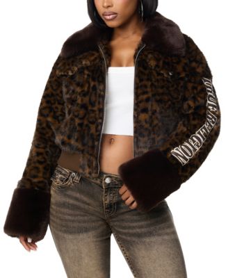 Women's Faux Fur Leopard-Print Bomber Jacket