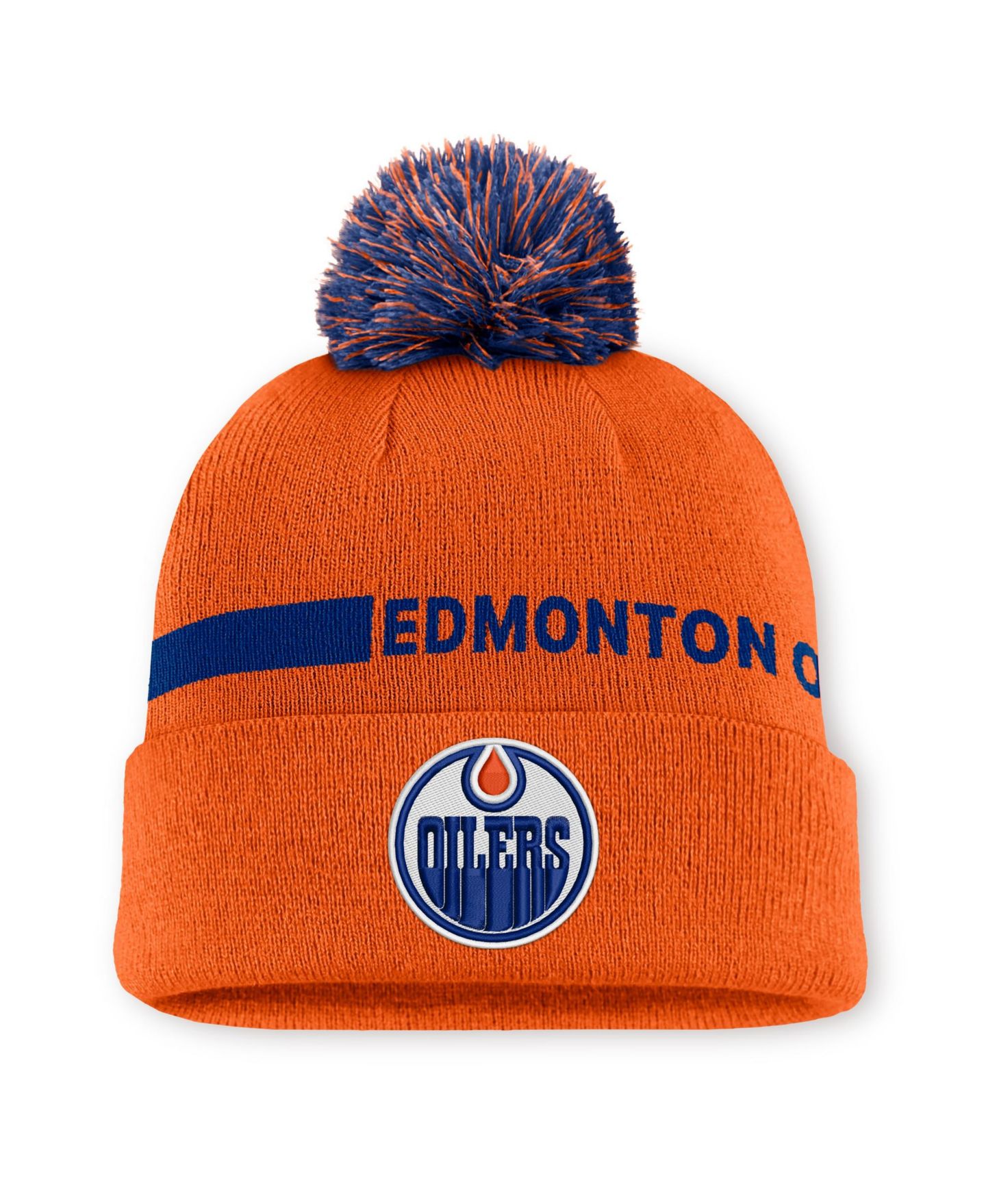 Мужской головной убор Fanatics Orange Edmonton Oilers Authentic Pro Rink Cuffed Knit with Pom Hat — фото 1