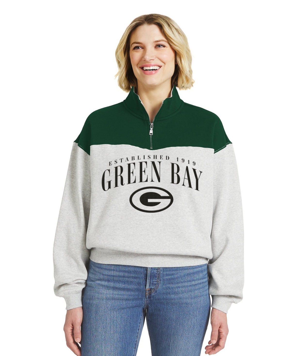 Wear by Erin Andrews Women's Heather Gray Green Bay Packers Color block Half-Zip Pullover