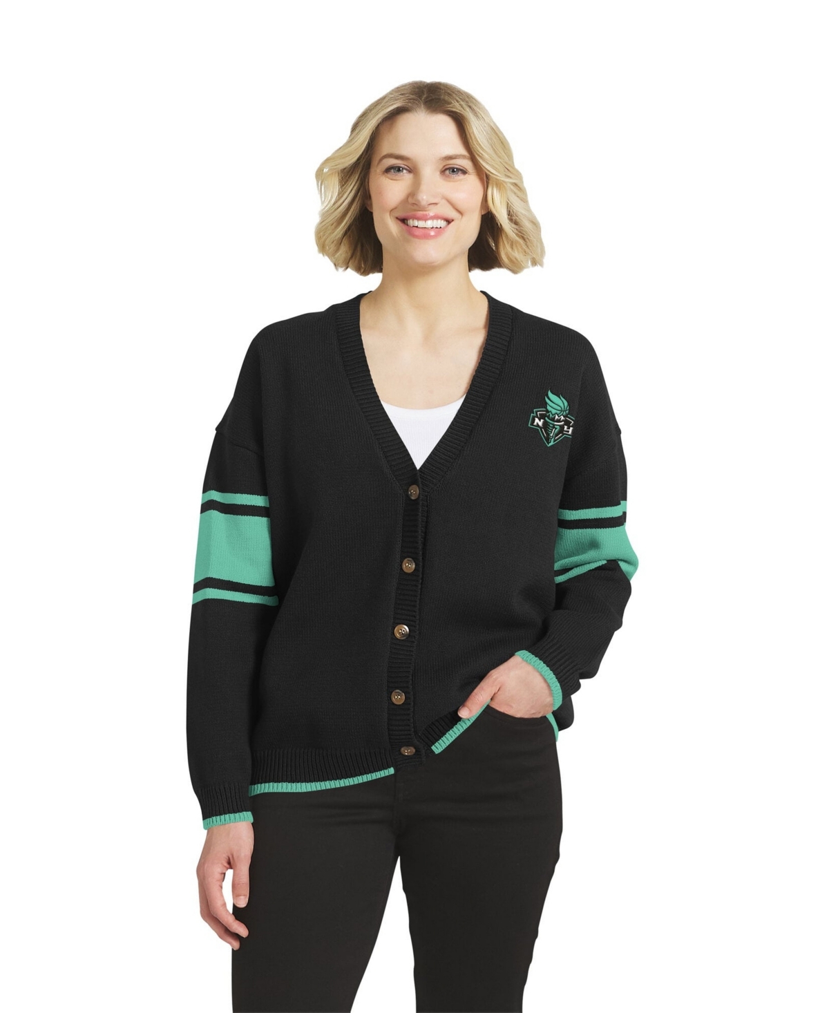 Wear by Erin Andrews Women's Black New York Liberty Button-Up Cardigan Sweater