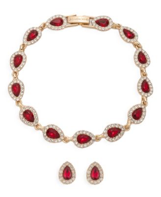 Gold-Tone Crystal Siam Pear Stone Stud Earring and Bracelet Set