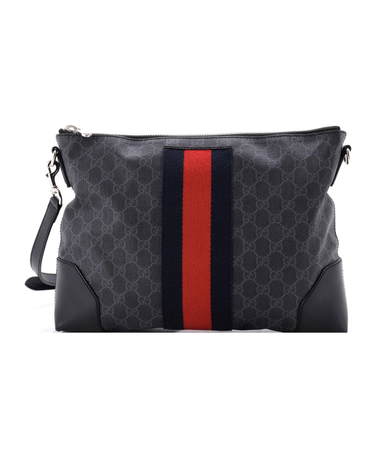 Pre-Owned Gucci Medium Web Zip Flat Messenger Gg Coated Canvas - Black