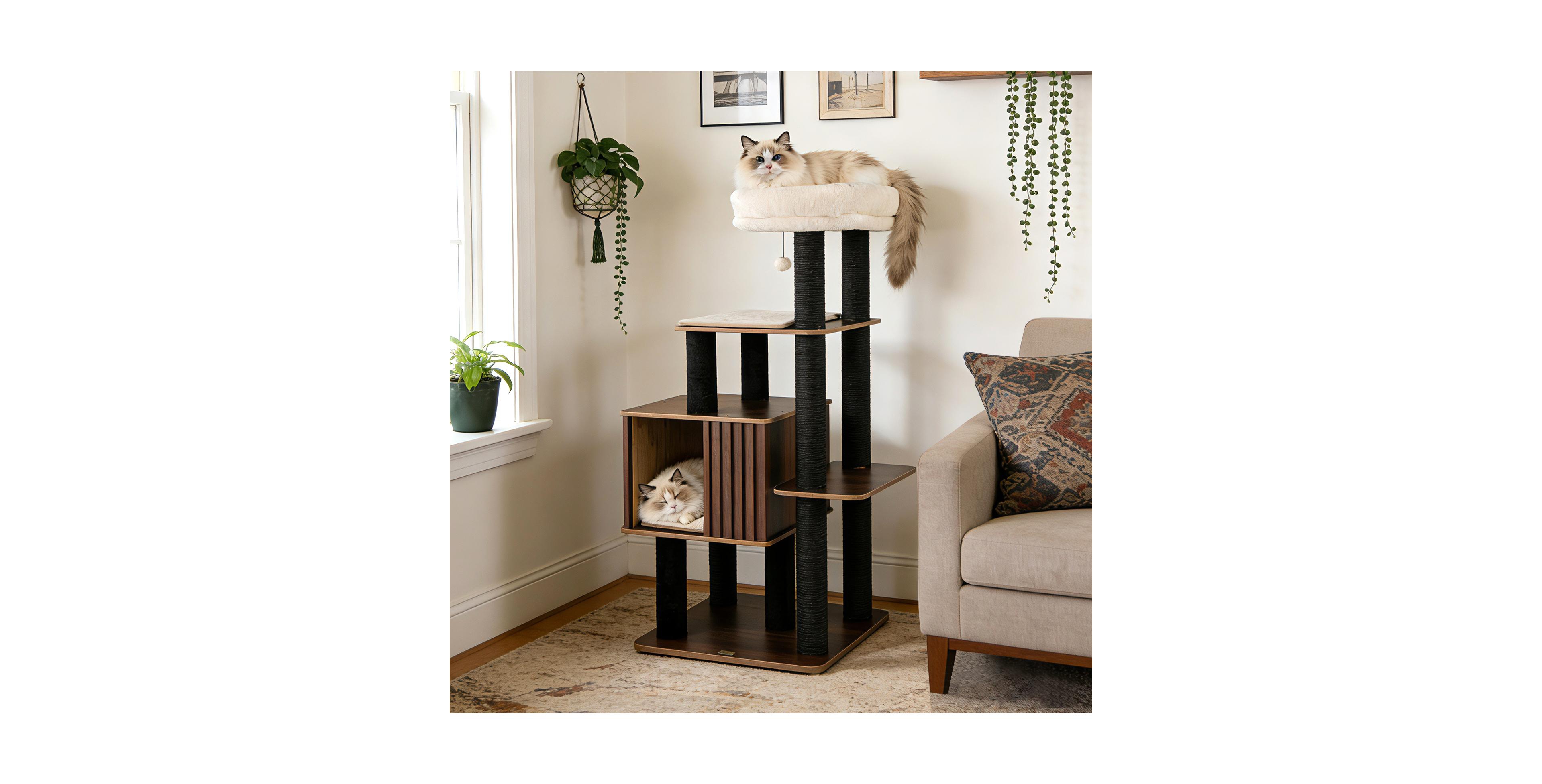 Zeny 53.5in Wooden Cat Tower Top Perch with Soft Padding