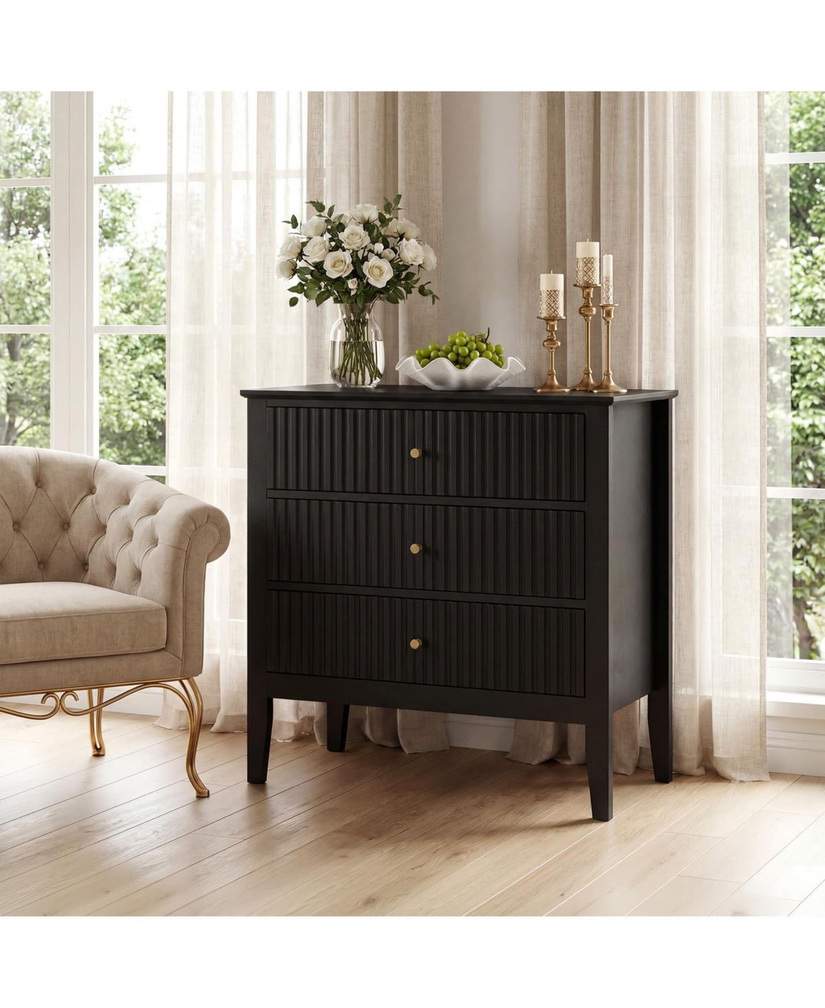 Gaomon Modern 32" Fluted Wood Bedside Table with Charging Station, 3-Drawer Nightstand for Bedroom