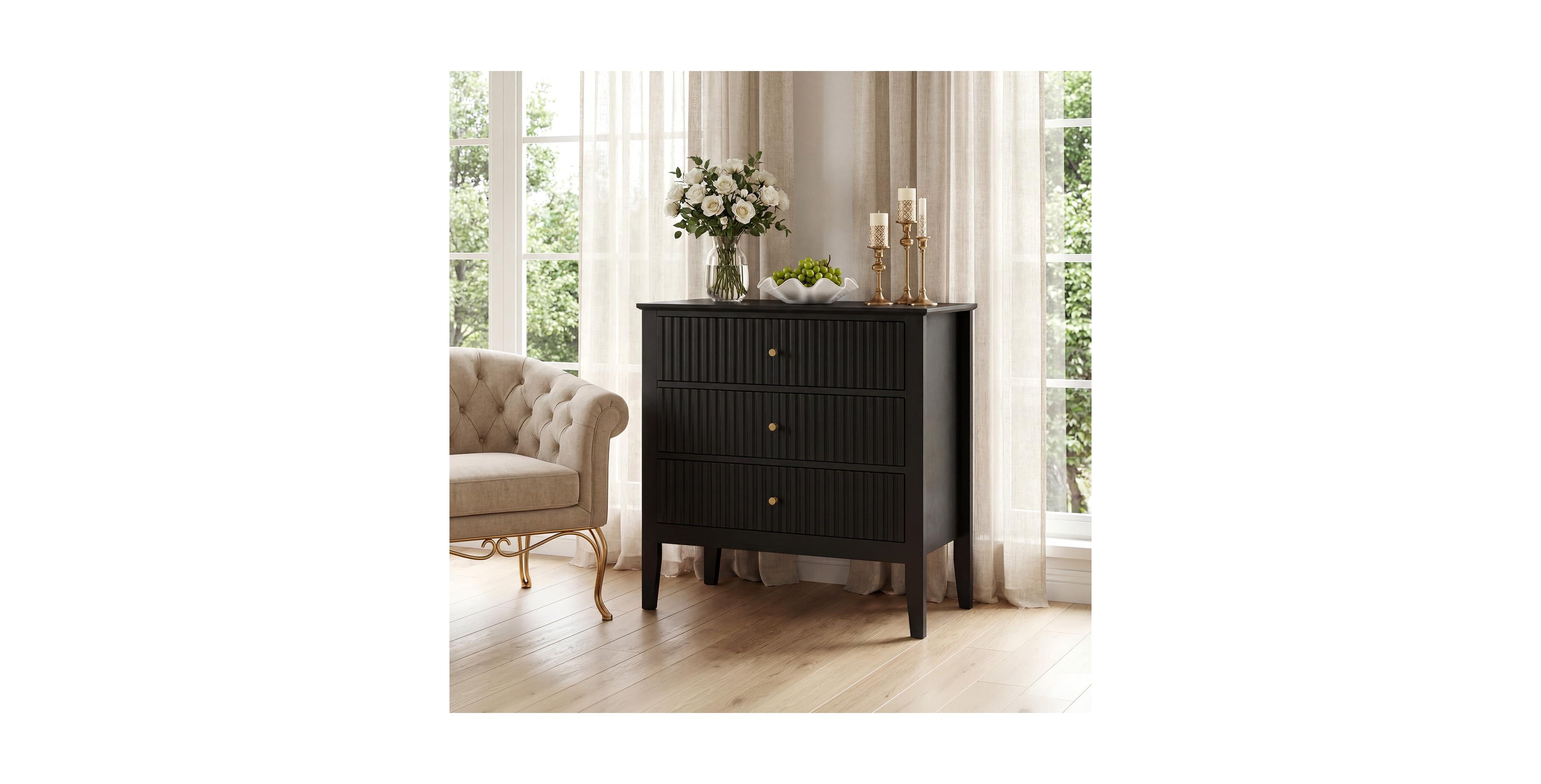 Gaomon Modern 32" Fluted Wood Bedside Table with Charging Station, 3-Drawer Nightstand for Bedroom