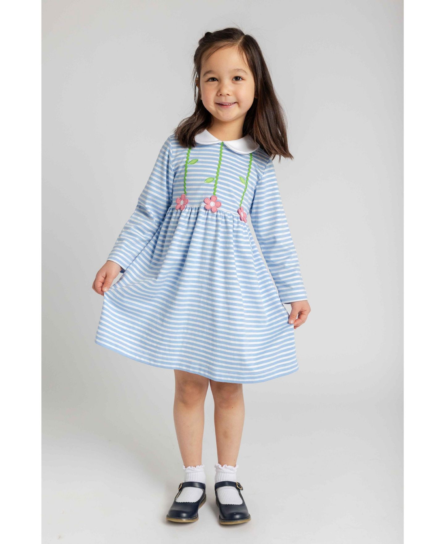 Платье Florence Eiseman Long-Sleeve Peter Pan Collar Dress для девочек-малышей, цвет: Синий / Белый — фото 3