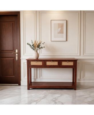 Console Table with 3 Drawers, Wood Entryway Table with Open Storage Shelf, Rattan Sofa Side Table for Hallway