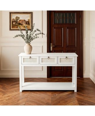 Console Table with 3 Drawers, Wood Entryway Table with Open Storage Shelf, Rattan Sofa Side Table for Hallway