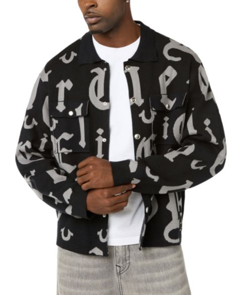 Мужская рубашка True Religion Logo Script Long-Sleeve Regular-Fit Knit, цвет: Угольно-чёрный