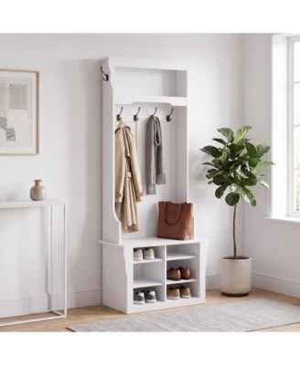 Hall Tree Entryway Coat Rack Shoe Bench, Multi Function Storage Cabinet with Hooks and Cubbies for Hallway, Multiple Finishes