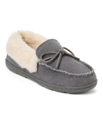 Women's Suede Moc With Leather Lacing and Faux Fur Trim Slippers