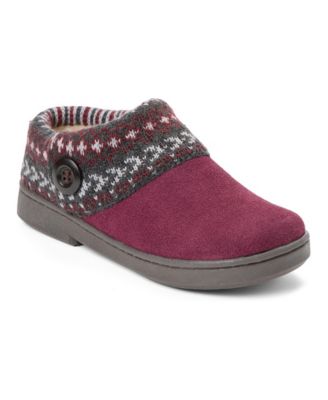 Women's Suede Clog With Fair Isle Sweater Knit Cuff and Wood Button Slippers