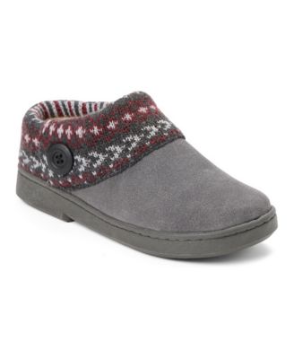 Women's Suede Clog With Fair Isle Sweater Knit Cuff and Wood Button Slippers