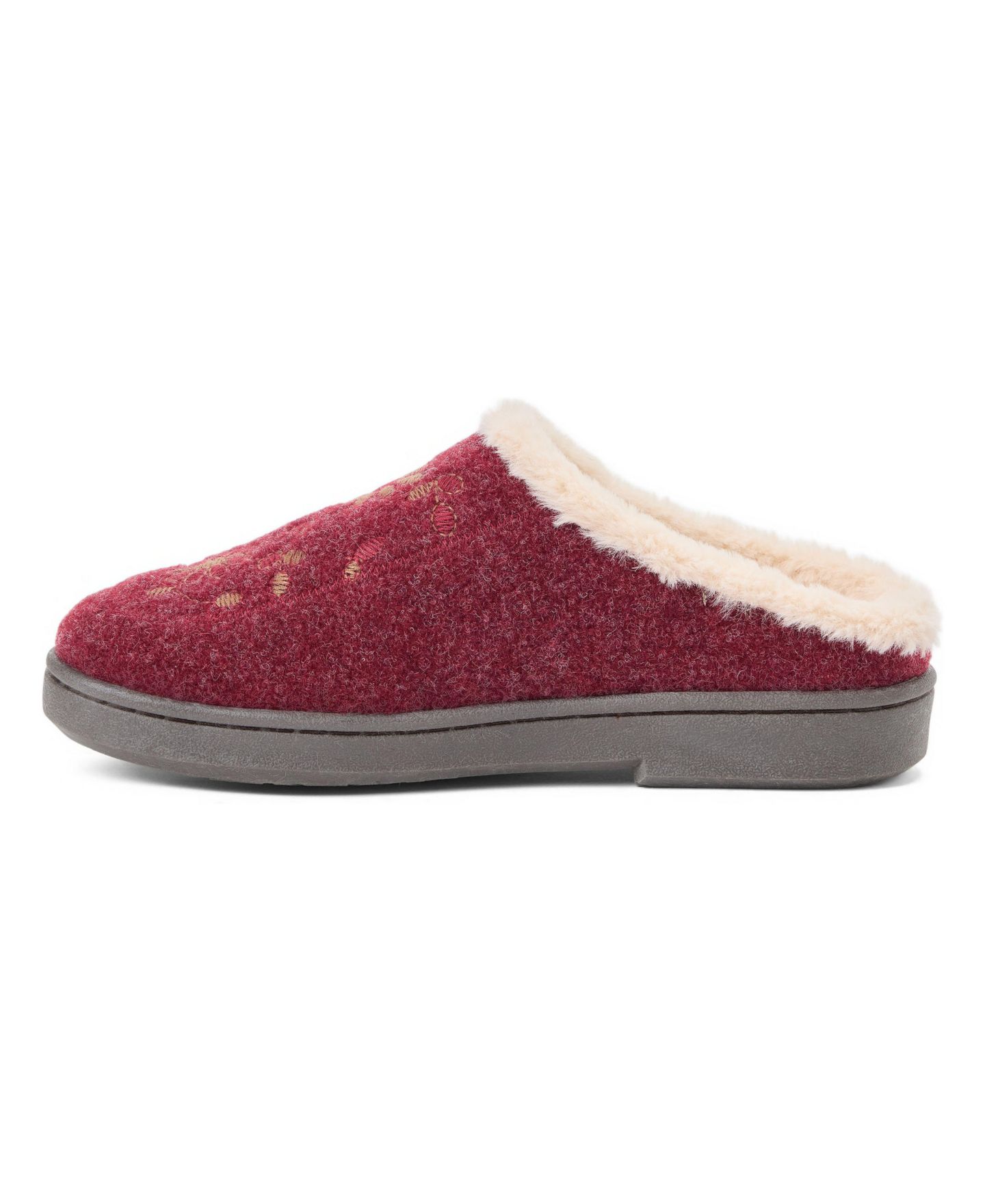 Женские сабо Clarks Felted Clog With Faux Fur Cuff and Embroidery Detail Slippers, цвет: Бордовый — фото 2