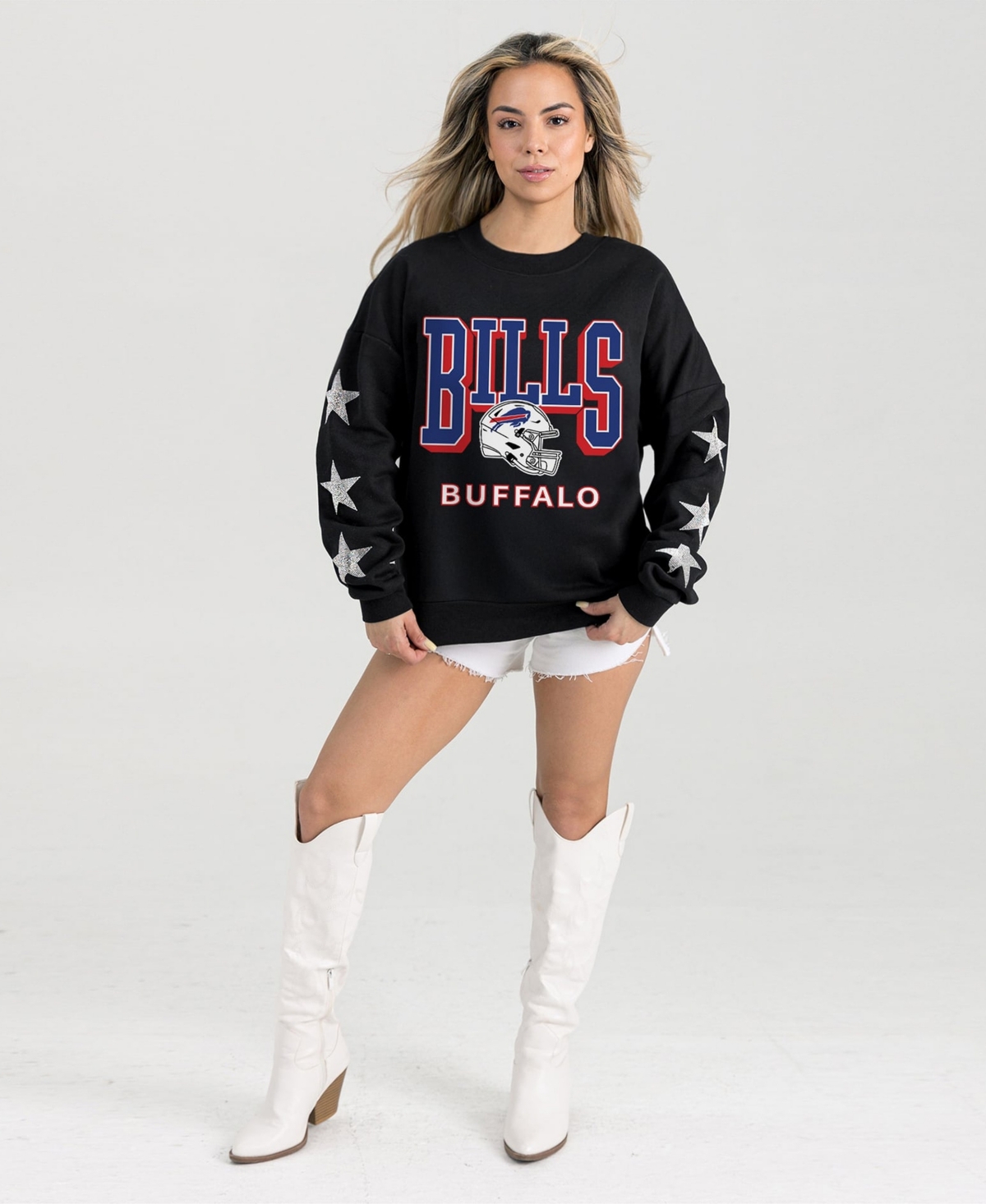 Gameday Couture Women's Black Buffalo Bills Pure Victory Rhine stud Star-Sleeve Pullover Sweatshirt