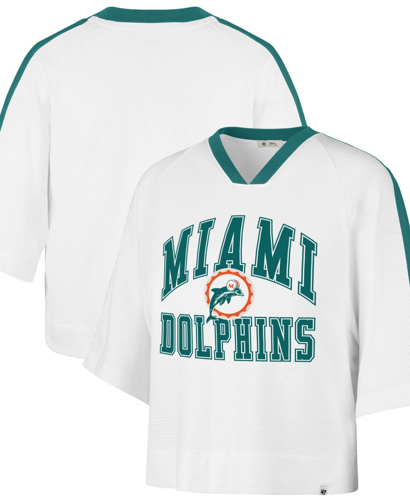Женская футболка '47 Brand White Miami Dolphins Big Overarch Drop Needle Raglan V-Neck — фото 1