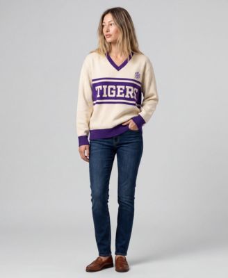 Women's Cream LSU Tigers Retro Roots V-Neck Sweater
