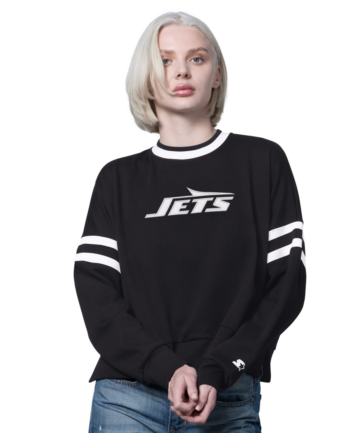 Starter Women's Black New York Jets Rally Drop Shoulder Cropped Sweatshirt - Black