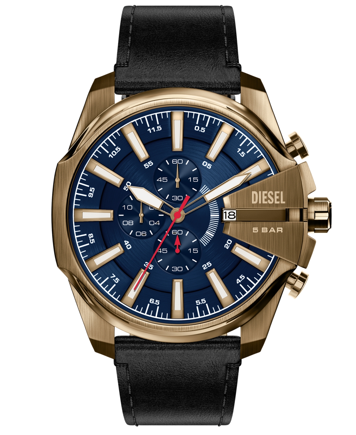 Diesel Men's Mega Chief Slim Chronograph Blue Dial Black Leather Watch 48mm