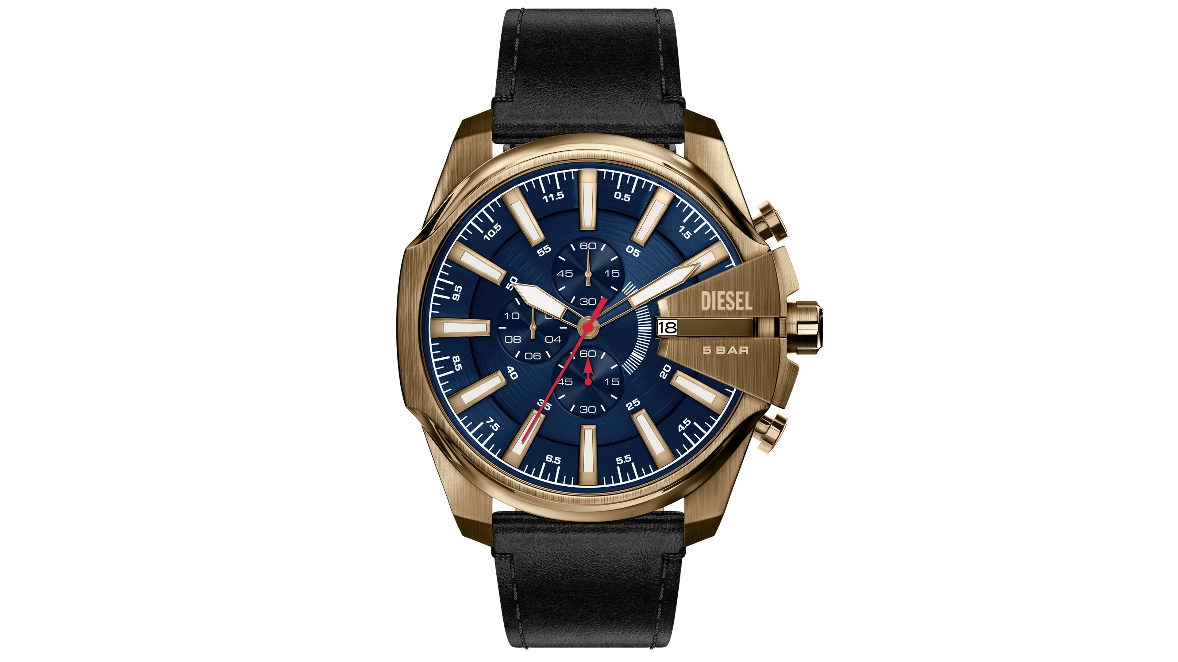 Diesel Men's Mega Chief Slim Chronograph Blue Dial Black Leather Watch 48mm