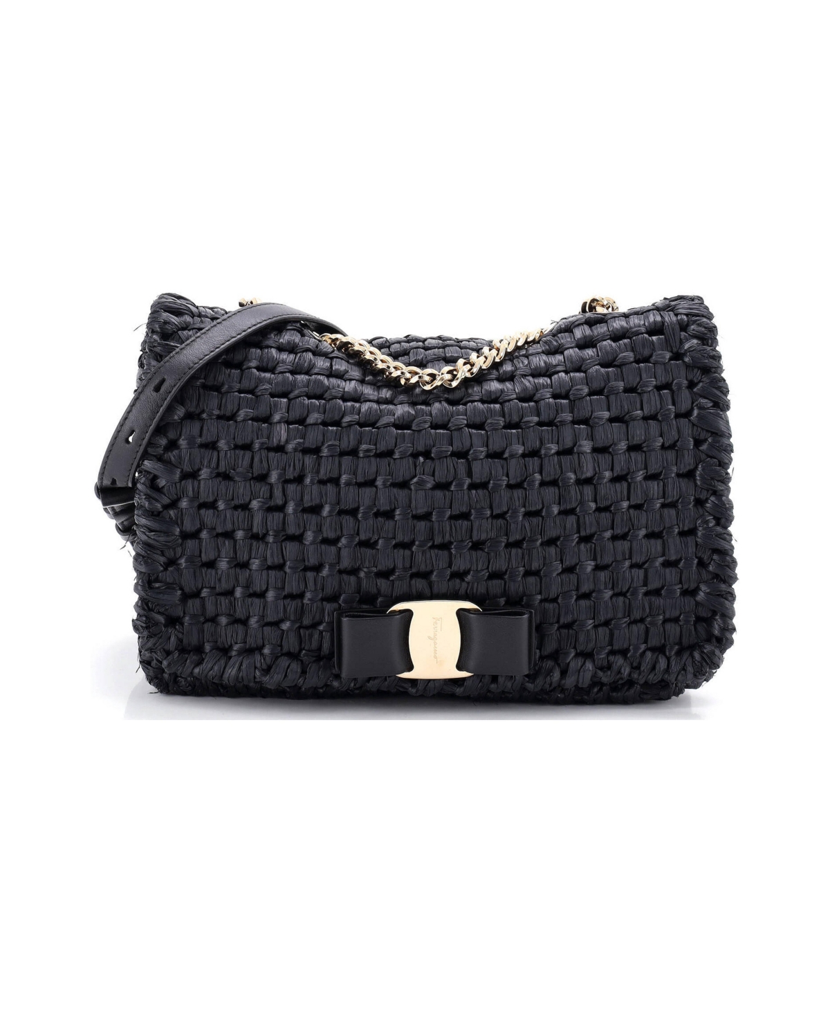 Pre-Owned Salvatore Ferragamo Medium Vara Bow Crossbody Bag Raffia - Black