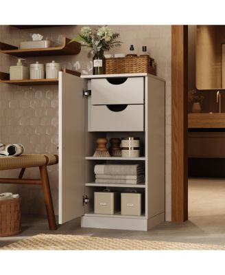 Solid Wood Bathroom Linen Storage Cabinet with Raised Panel Door, 2 Drawers, Adjustable Shelves