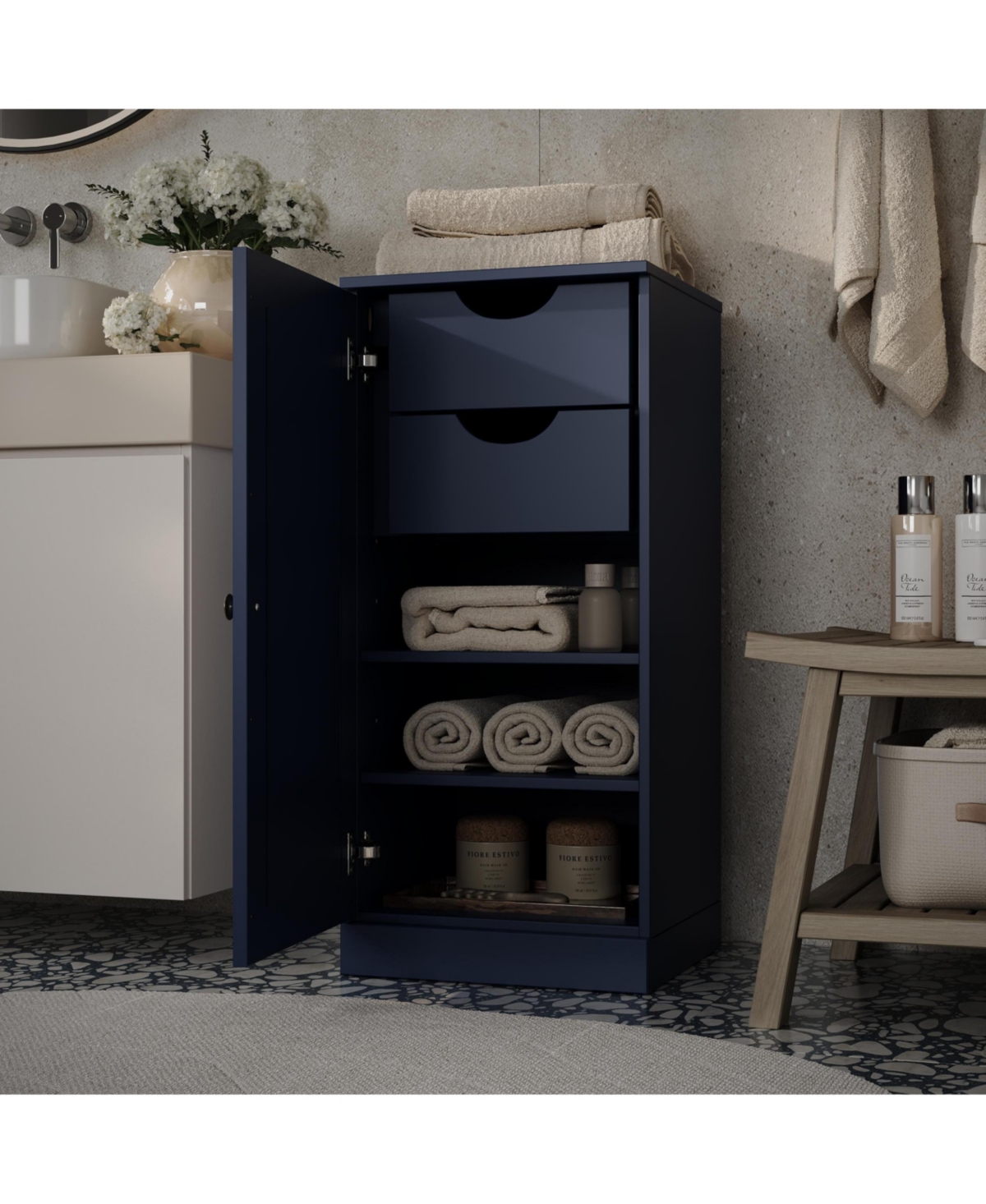 Palace Imports Solid Wood Bathroom Linen Storage Cabinet with Raised Panel Door, 2 Drawers, Adjustable Shelves - Navy blue