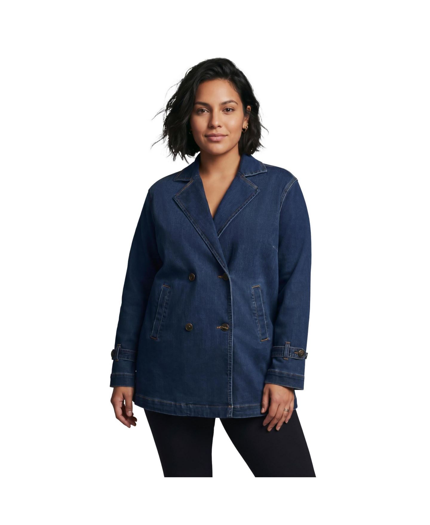 Женская куртка Avenue Plus Size Cropped Notch Lapel Denim Trench, цвет: Тёмная варка — фото 1