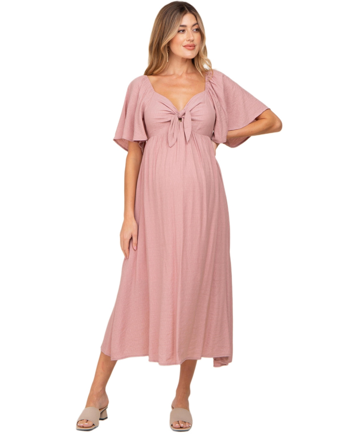 Pinkblush Maternity Plum Front Tie Ruffle Sleeve Maternity Midi Dress - Mauve
