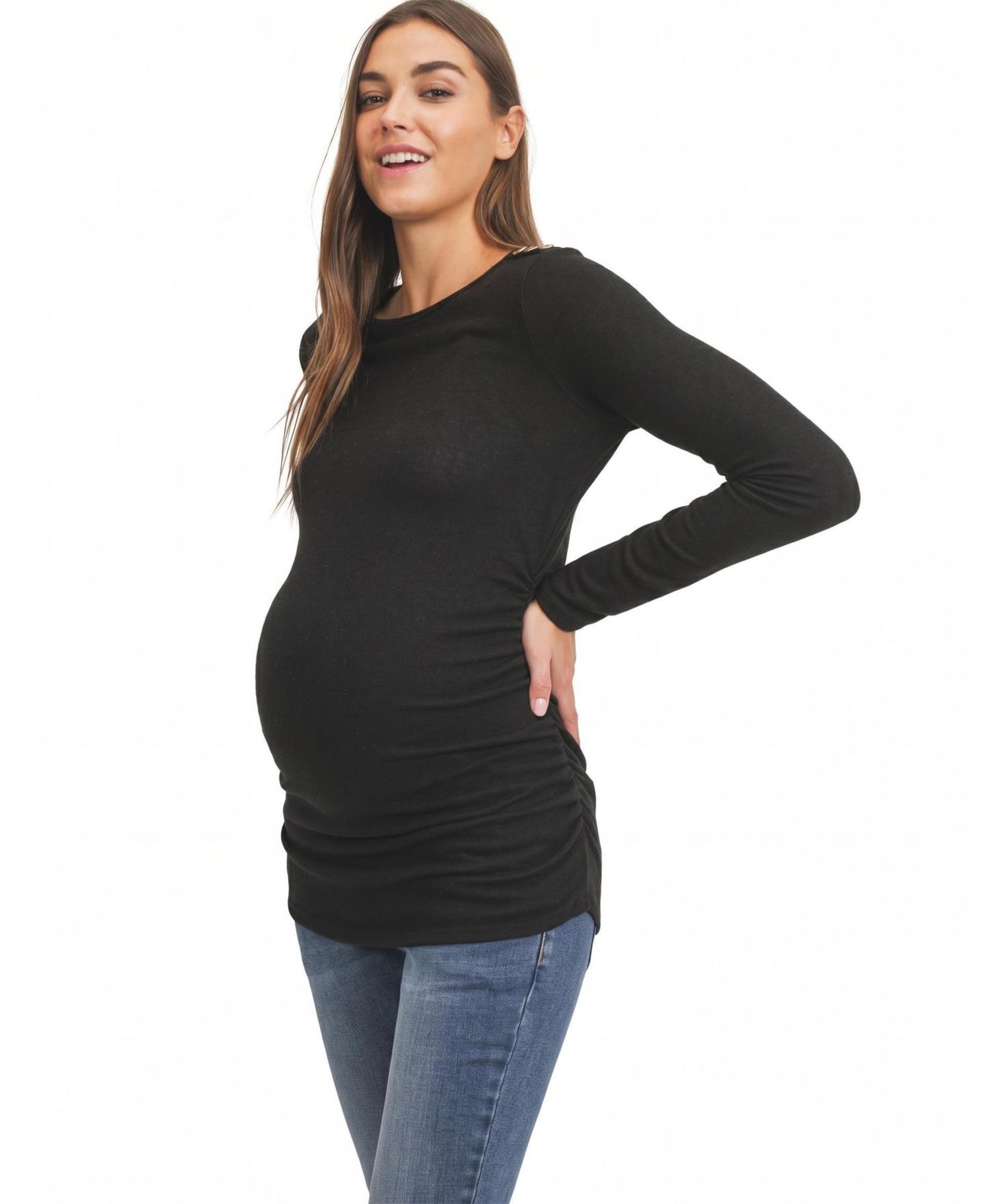 Женский топ Hello Miz Maternity Brushed Hacci Long-Sleeve Shoulder-Button, цвет: Чёрный — фото 5