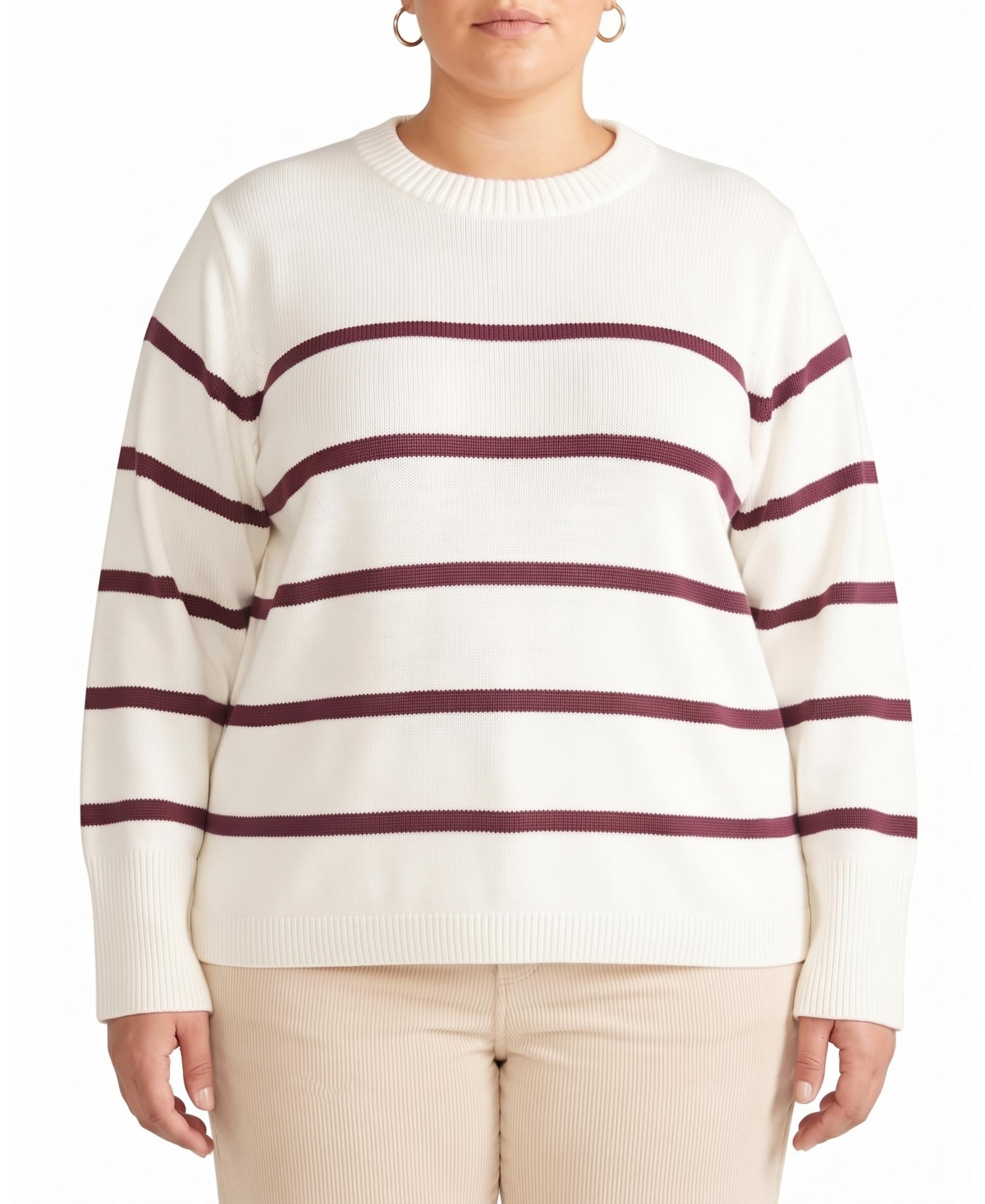 Universal Standard Plus Size Bardot Striped Wide Sleeve Cotton Sweater - Cream/acai stripe