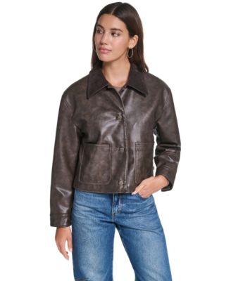 Women's Cropped Workwear-Inspired Faux Leather Jacket
